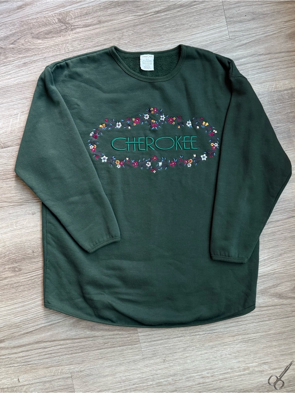 Vintage Cherokee Embroidered Floral Crewneck Sweatshirt - Forest Green - Size S